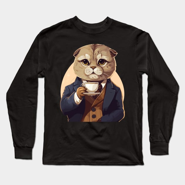 Scottish Fold Cat Drinking Coffee Long Sleeve T-Shirt by Graceful Designs
